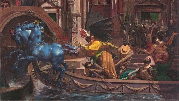 Gemälde einer Szene aus Venedig, in der eine Gondel scheinbar von drei blauen Pferden durch einen Kanal gezogen wird.