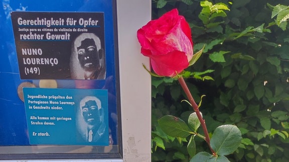 Rosen hängen an einem Zaun bei einer Gedenkveranstaltung für einen Ermordeten. 