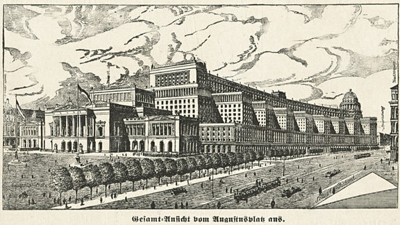 Illustration eines Messehochhauses in Leipzig. 