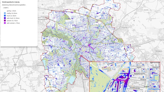 Karte der Stadt Leipzig mit eingzeichneten Gefahrenzonen.