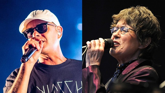 Collage zweier Sänger: Ein junger Mann mit Sonnenbrille und weißem Basecap links, eine ältere Frau mit kurzen Haaren und Nickelbrille rechts