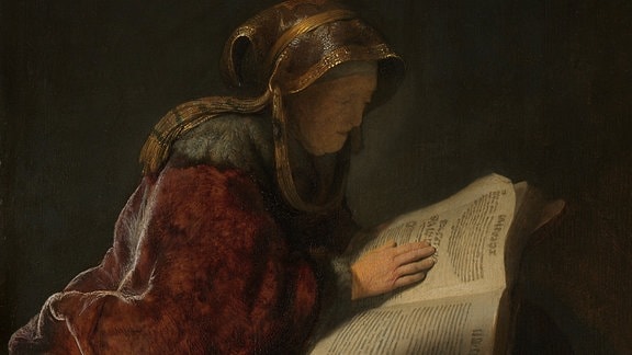 Bild in der Rembrandt-Ausstellung in Leipzig, Alte lesende Frau