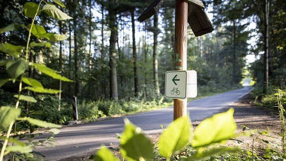 Beschilderung eines Radwegs in Arnsdorf in Sachsen.