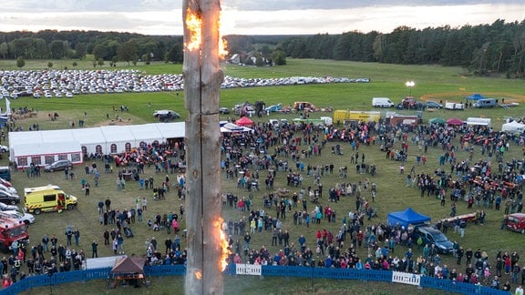 Eine 34 Meter hohe Fichte brennt während eines Weltrekordversuch für das höchste brennende Schwedenfeuer 