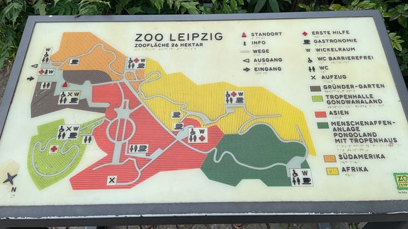 Ein Blick auf den Lageplan des Leipziger Zoos, der Dank verschiedener Oberflächenbeschaffenheiten auch Sehbehinderten ermöglicht, ein Gefühl für den Aufbau des Zoos zu bekommen.