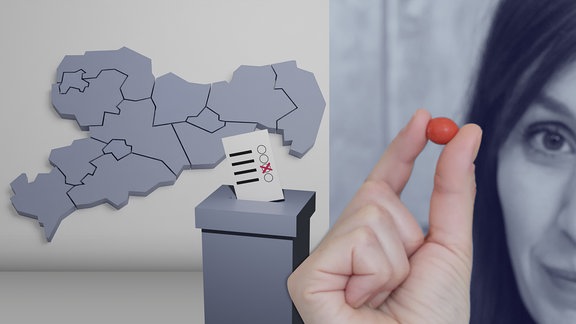 Landratkreise in Sachsen mit Wahlurne und Stimmzettel. Eine Frau hält eine rote Kugel zwischen den Fingern.