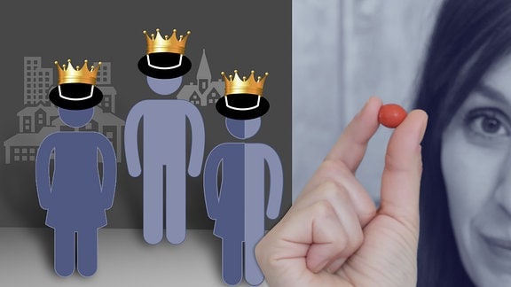 Grafiken von Männern und Frauen mit Kronen auf, die Bürgermeisterinnen und Bürgermeister darstellen. Eine Frau hält eine rote Kugel zwischen den Fingern.