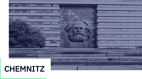 Teaser Wahl Chemnitz. Blick auf das Karl-Marx-Monument im Zentrum von Chemnitz, 2020