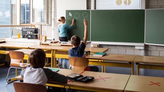 Schulkinder sitzen an ihren Tischen, während eine Lehrerin an der Tafel unterrichtet.