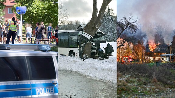 Brennendes Haus, zerstörter Bus an Baum; Polizeiauto mit Menschen