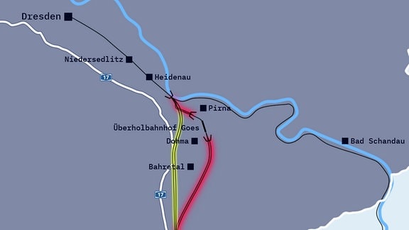 Landkarte ziegt farblich markiert zwei Tunnel-Varianten für die Strecke Dresden-Prag.