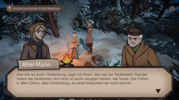 Screenshot des Videospiels "Gezeichnet – Unsere Flucht 1945". Darauf ist eine junge Frau und älterer Mann zu sehen. Der Mann spricht in einer Sprechblase davon, dass so jemanden wie Hindenburg wieder bräuchte. 