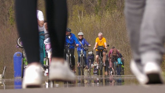 Auf einem Radweg am Cospudener See sind zahlreiche Radler unterwegs.
