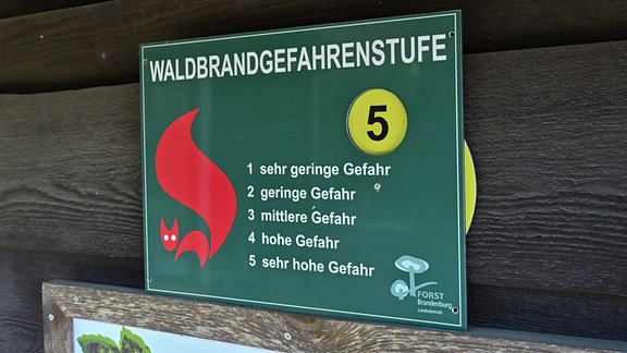 Ein Schild vom Landesbetrieb Forst Brandenburg mit den Waldbrandgefahrenstufen steht auf der höchsten Stufe 5 «sehr hohe Gefahr».