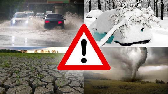 Collage zeigt Warnzeichen vor Bildern mit verschiedenen Extremwetterphänomenen.