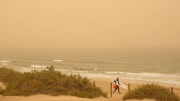 Surfer im Sandsturm an einem Strand von Fuerteventra