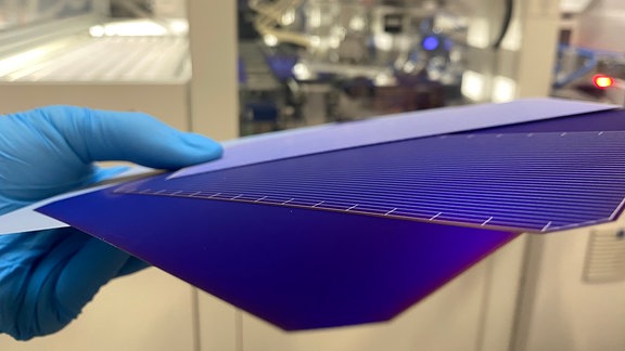 Blaue Platte: Ein sogenannter Wafer - Solarzelle von Meyer Burger in Thalheim