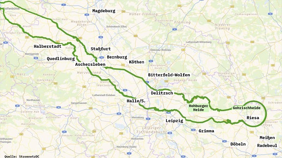 Karte: Stromnetzkorridor von Halberstadt bis Riesa