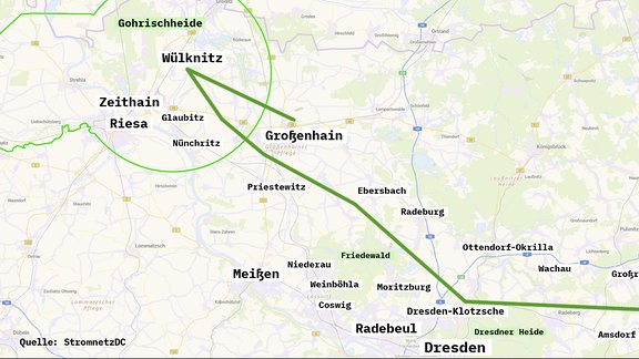 Karte: Stromnetzkorridor von Großenhain bis Schmölln