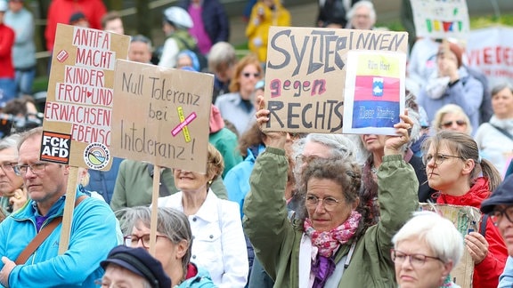 Teilnehmer halten bei einer Kundgebung Pappschilder hoch, darunter ein Schild mit dem Schriftzug „SylterInnen gegen Rechts“. 