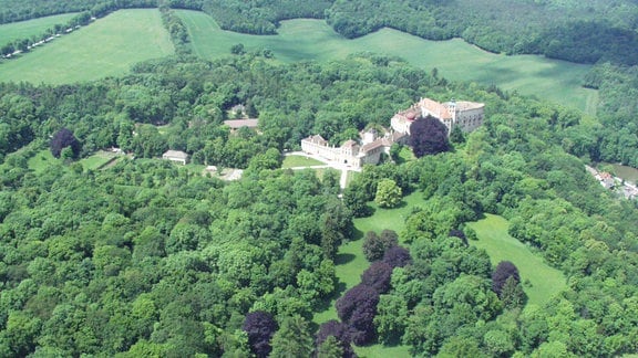 Das Schloss Ernstbrunn inmitten grüner Wälder. 