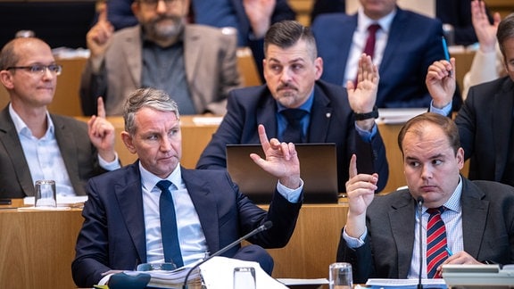 Mehrere Personen sitzen die Hand hebend im Landtag