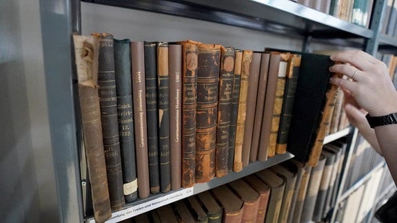 Historische Bücher mit Gesetzessammlungen der Freien und Hansestadt Hamburg stehen in einem Regal der Bibliothek der Hamburgischen Bürgerschaft im Rathaus. 