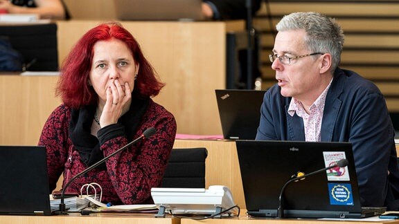 Astrid Rothe-Beinlich Bündnis 90/Die Grünen und Olaf Müller Bündnis 90/Die Grünen während der 9. Plenarsitzung im Thüringer Landtag am 5. März 2020.