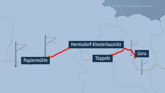 Ausbau Bahnstrecke: Eine Karte zum Ausbau der Mitte-Deutschland-Verbindung zwischen Weimar und Gößnitz. Zwei Streckenteile sind rot markiert.