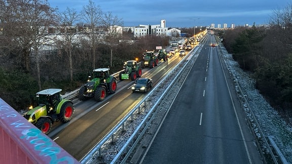 Eine Traktorenkolonne am Montagmorgen im Erfurter Norden auf dem Weg in Richtung Innenstadt. Dort versammelten sich vormittags mehr als 1.600 Traktoren. 