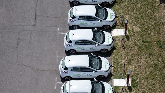 Elektroautos eines Carsharing-Anbieters laden auf einem Parkplatz.