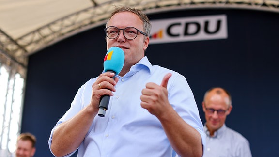 Mario Voigt, Landesvorsitzender CDU Thüringen, spricht zum Wahlkampfauftakt der CDU Sachsen und Thüringen.