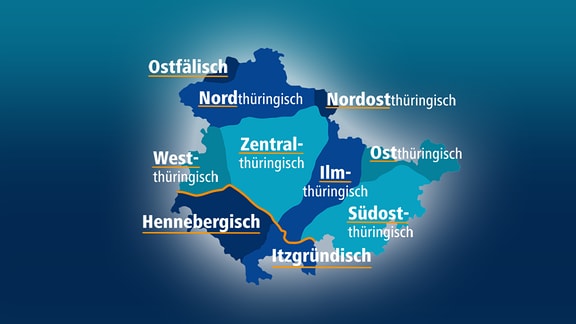 Eine Karte von Thüringen, auf der die verschiedenen Dialekte eingetragen sind