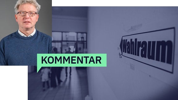 Uli Sondermann-Becker  Ein Wegweiser mit der Aufschrift «Wahlraum» führt zum Wahllokal in der Realschule «Otto Dix».
