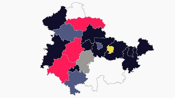 Eine eingefärbte Karte von Thüringen, die zeigt, welche Partei bei den Oberbürgermeister- und Landratswahlen gewonnen hat.
