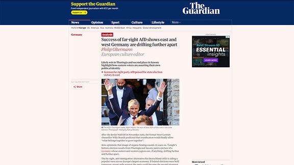 Screenshot eines Artikels auf der Website des britischen Guardians zum Wahlerfolg der AfD bei der Landtagswahl in Thüringen.