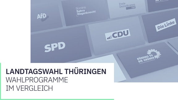 Im Hintergrund sind Parteilogos zu sehen, davor steht: Landtagswahl Thüringen, Wahlprogramme im Vergleich.