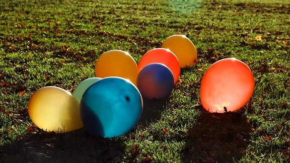 Bunte Luftballons liegen im Gegenlicht der Abendsonne auf einer Wiese.