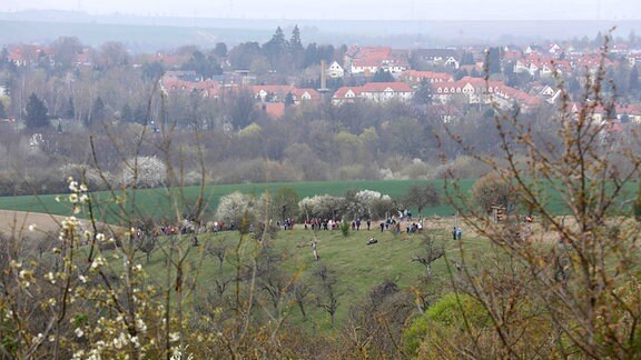 Eine Landschaftsaufnahme mit einem Dorf im Hintergrund.