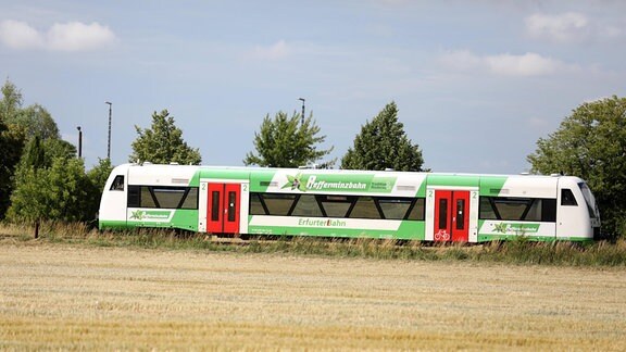Eine grün-weiße Bahn auf einer Strecke