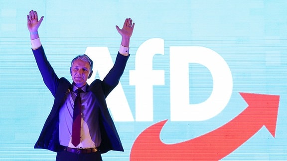 Björn Höcke mit erhobenen Händen vor einem großen AfD-Logo