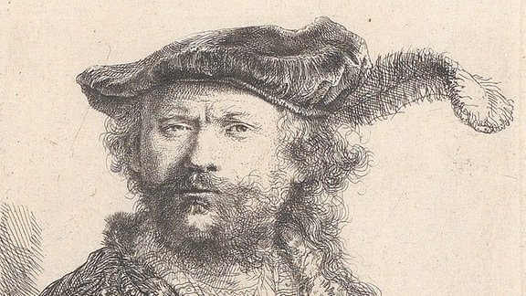 Selbstportrait Rembrandts mit federgeschmücktem Samtbarett (1638)