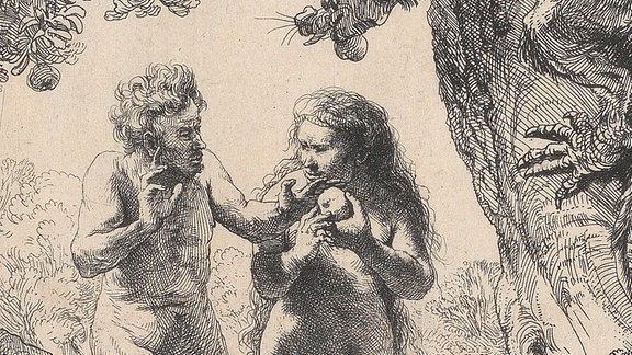 Radierung zeigt Adam und Eva entblößt neben einem Baum.