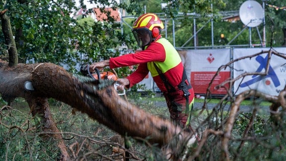 Die Feuerwehr war nach dem Unwetter an vielen Orten in Thüringen im Einsatz, um umgestürzte Bäume zu beseitigen.