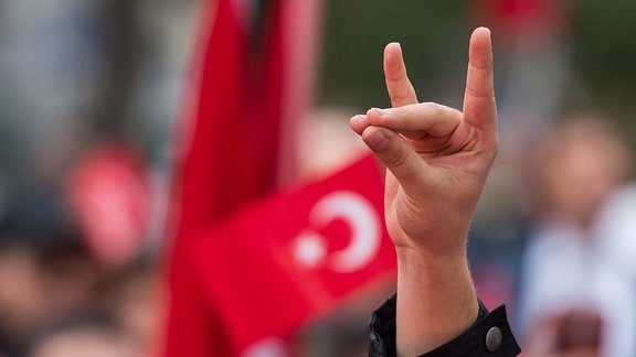 Eine Hand zeigt den "Wolfsgruß" der Grauen Wölfe während einer Pro-Türkischen Demonstration. 