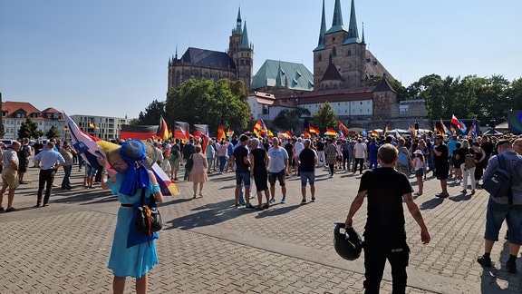 Publikum unter anderem mit Deutschlandflaggen bei AfD-Wahlkampfabschluss einen Tag vor Landtagswahl auf dem Domplatz in Erfurt