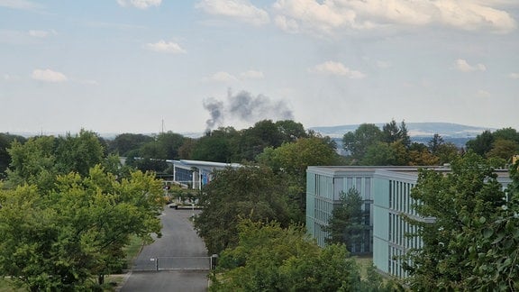 Hinter dem Egapark in Erfurt steigt eine Rauchwolke auf.