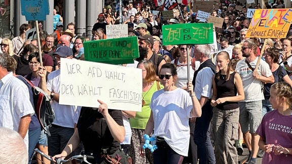 Zahlreiche Demonstrierende teils mit Plakaten bei Protestzug gegen AfD in Erfurt.