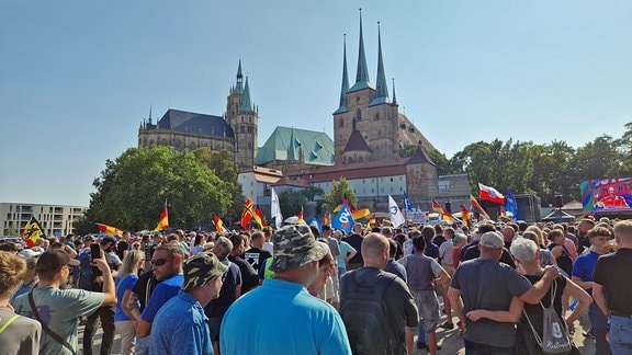 Publikum unter anderem mit Deutschlandflaggen bei AfD-Wahlkampfabschluss einen Tag vor Landtagswahl auf dem Domplatz in Erfurt