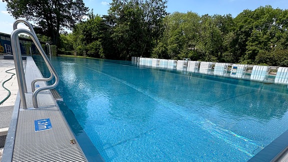 Dreibrunnenbad: Schwimmbecken mit Bäumen im Hintergrund